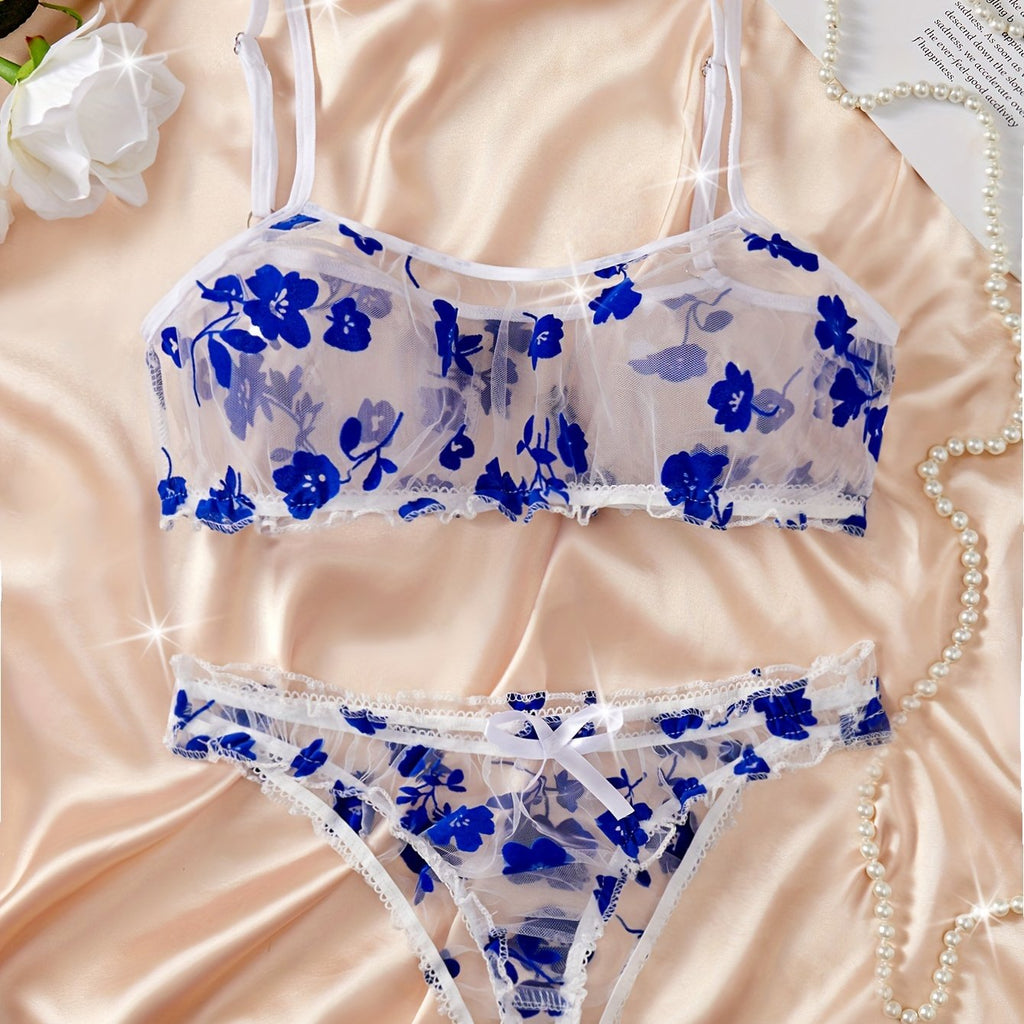 Conjunto de lingerie floral romântico - sutiã e calcinha de malha transparente macia