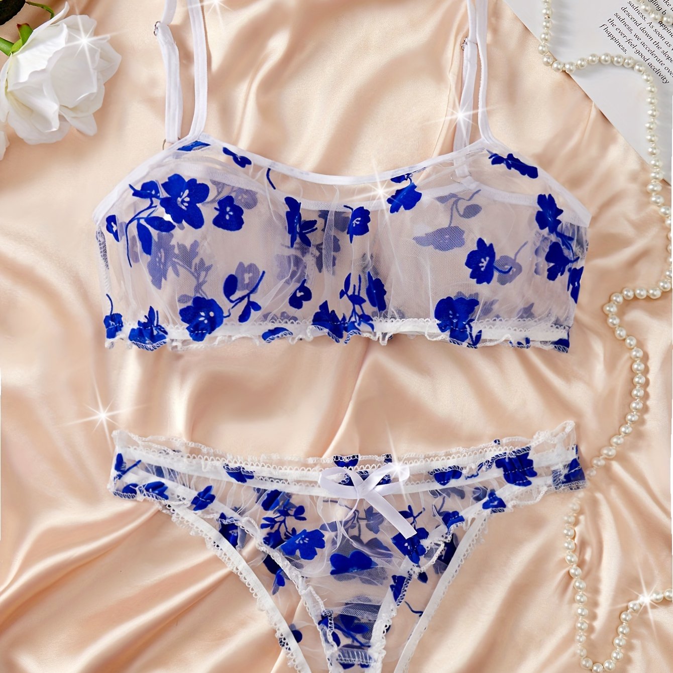 Conjunto de lingerie floral romântico - sutiã e calcinha de malha transparente macia