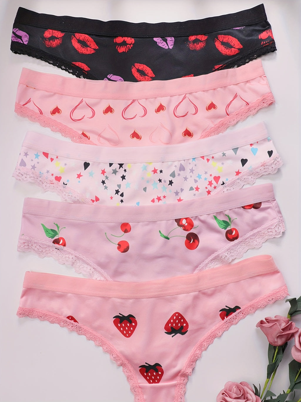 5 peças de calcinhas íntimas com estampas fofas, confortáveis e com acabamento em renda