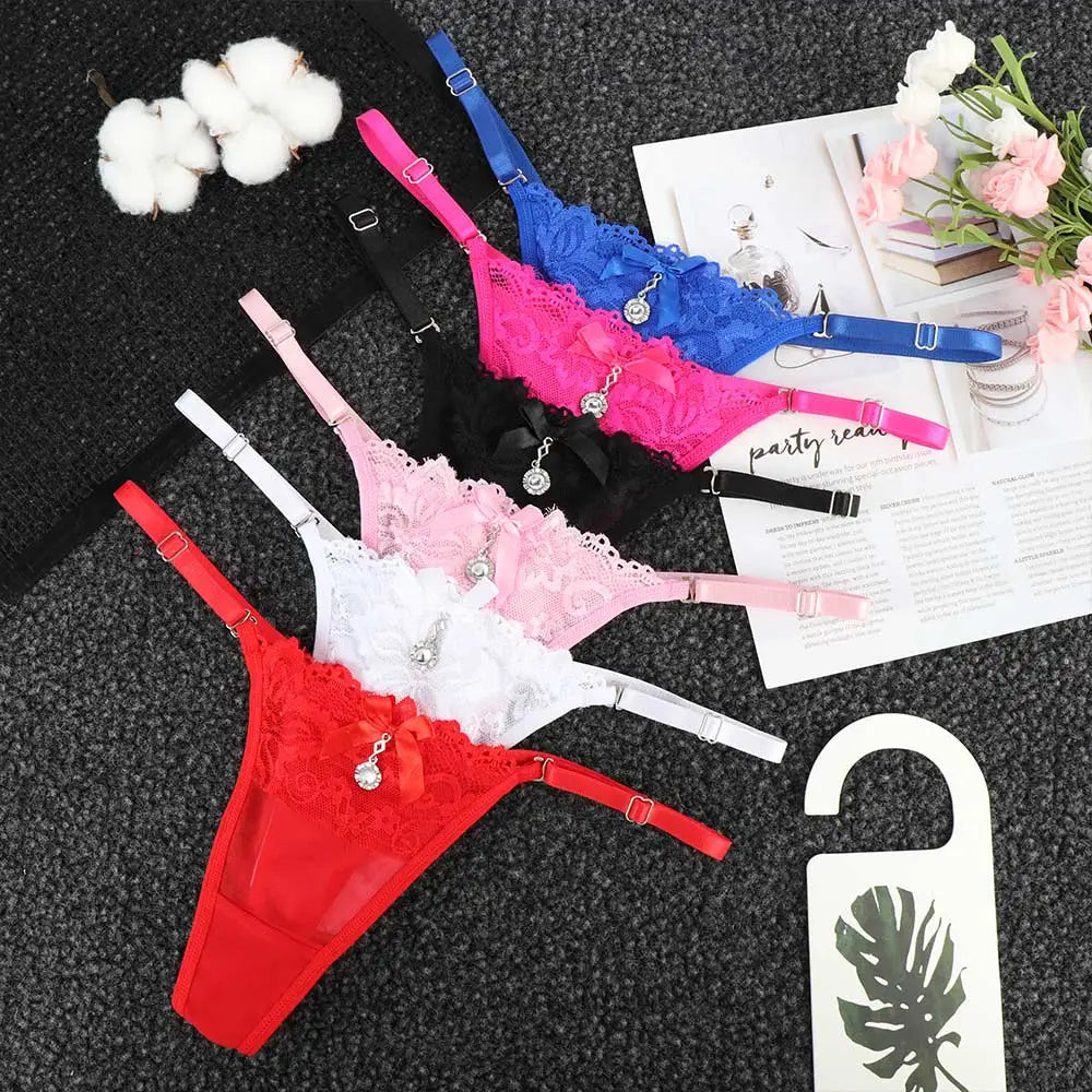 Women Lace Panties Thongs Pearl Pendant Lace Embroidery G-String T-Back Briefs Underwear Adjustable Ladies Panties Sexy Lingerie