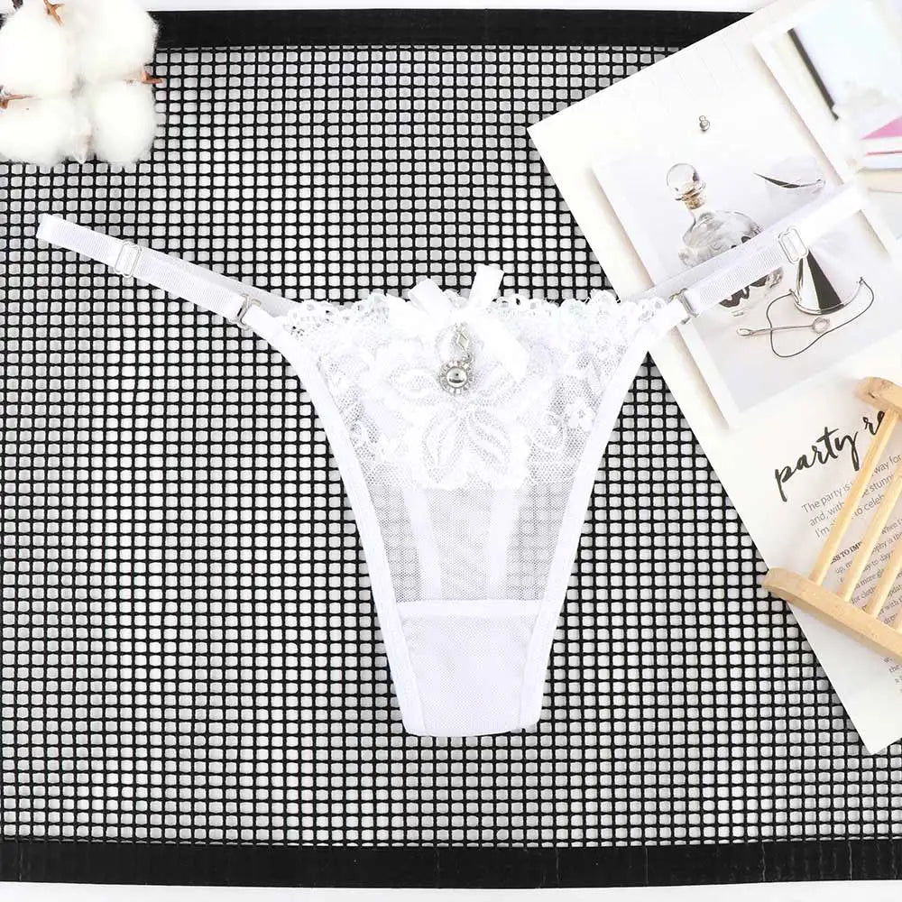 Women Lace Panties Thongs Pearl Pendant Lace Embroidery G-String T-Back Briefs Underwear Adjustable Ladies Panties Sexy Lingerie