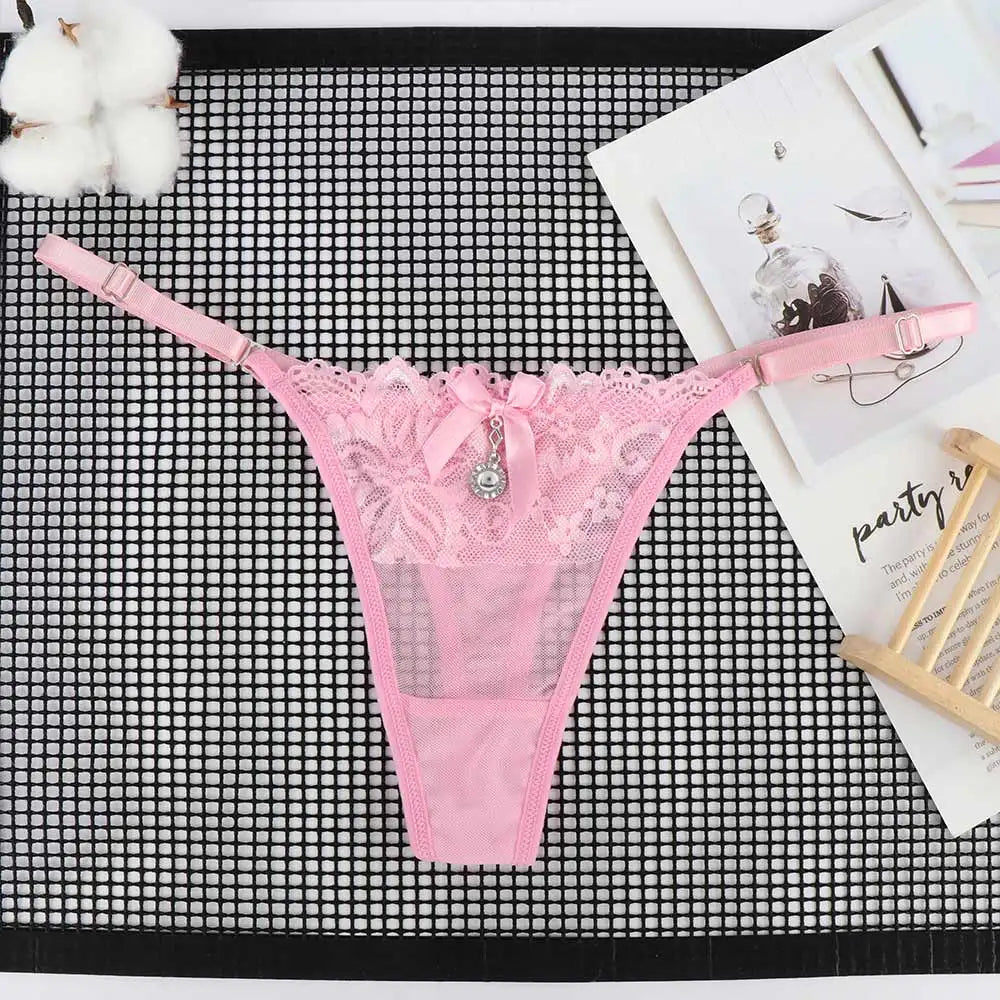 Women Lace Panties Thongs Pearl Pendant Lace Embroidery G-String T-Back Briefs Underwear Adjustable Ladies Panties Sexy Lingerie