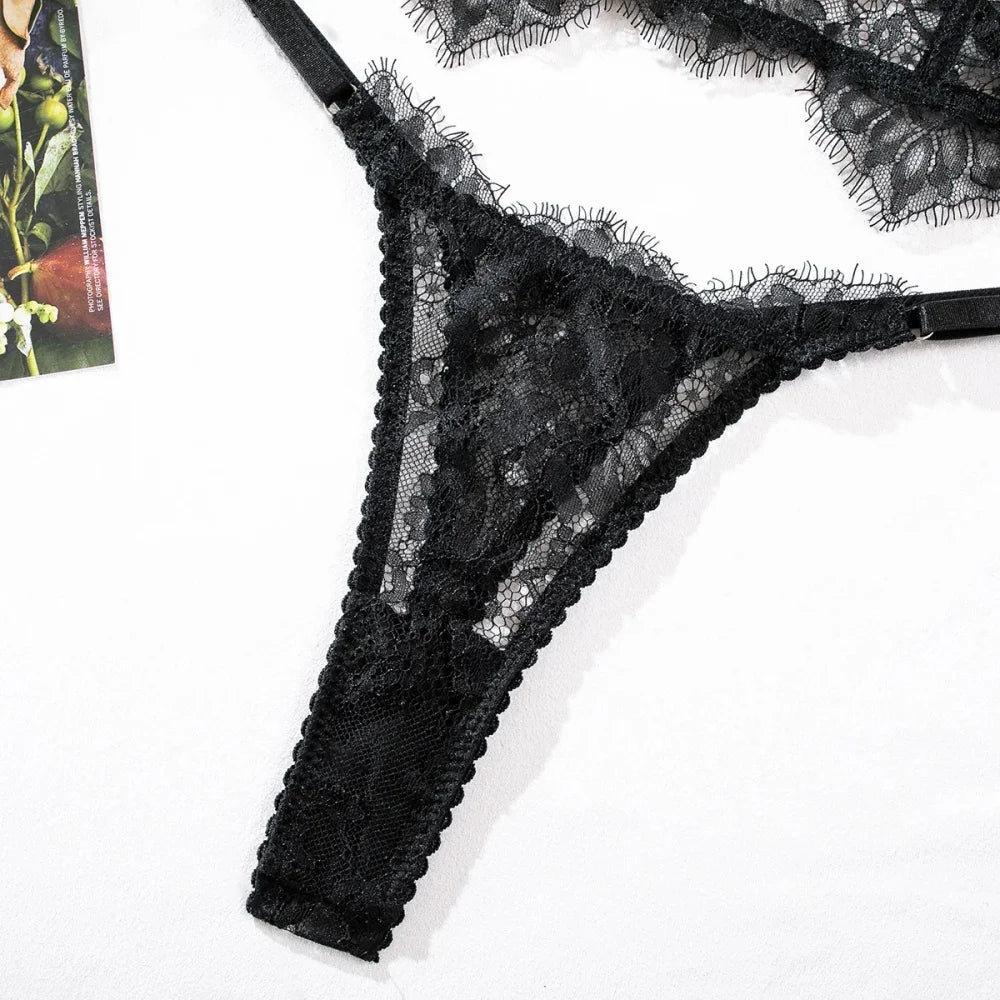 Conjunto de lingerie sexy Krasapt bustier floral renda sutiã calcinha roupa íntima feminina transparente