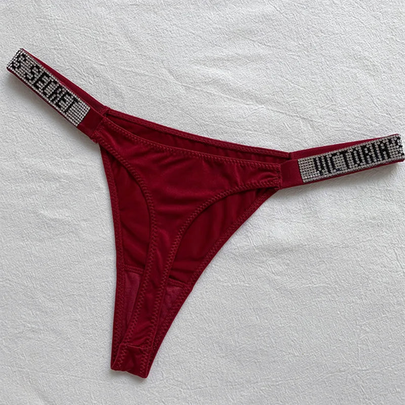 New Sexy Pink Brand Lingerie Female Intimate Underwear Rise Women Panties Bra Rhinestone Letter Comfort Brief