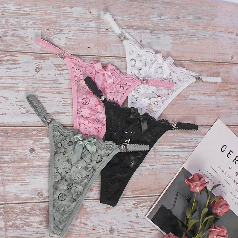 Fashion Sexy Thongs Women Bow Spaghetti Lace Panties Female Plus Size Metal Buckle Erotic Panties Comfortable G-String Wife Gift