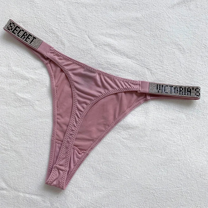 New Sexy Pink Brand Lingerie Female Intimate Underwear Rise Women Panties Bra Rhinestone Letter Comfort Brief