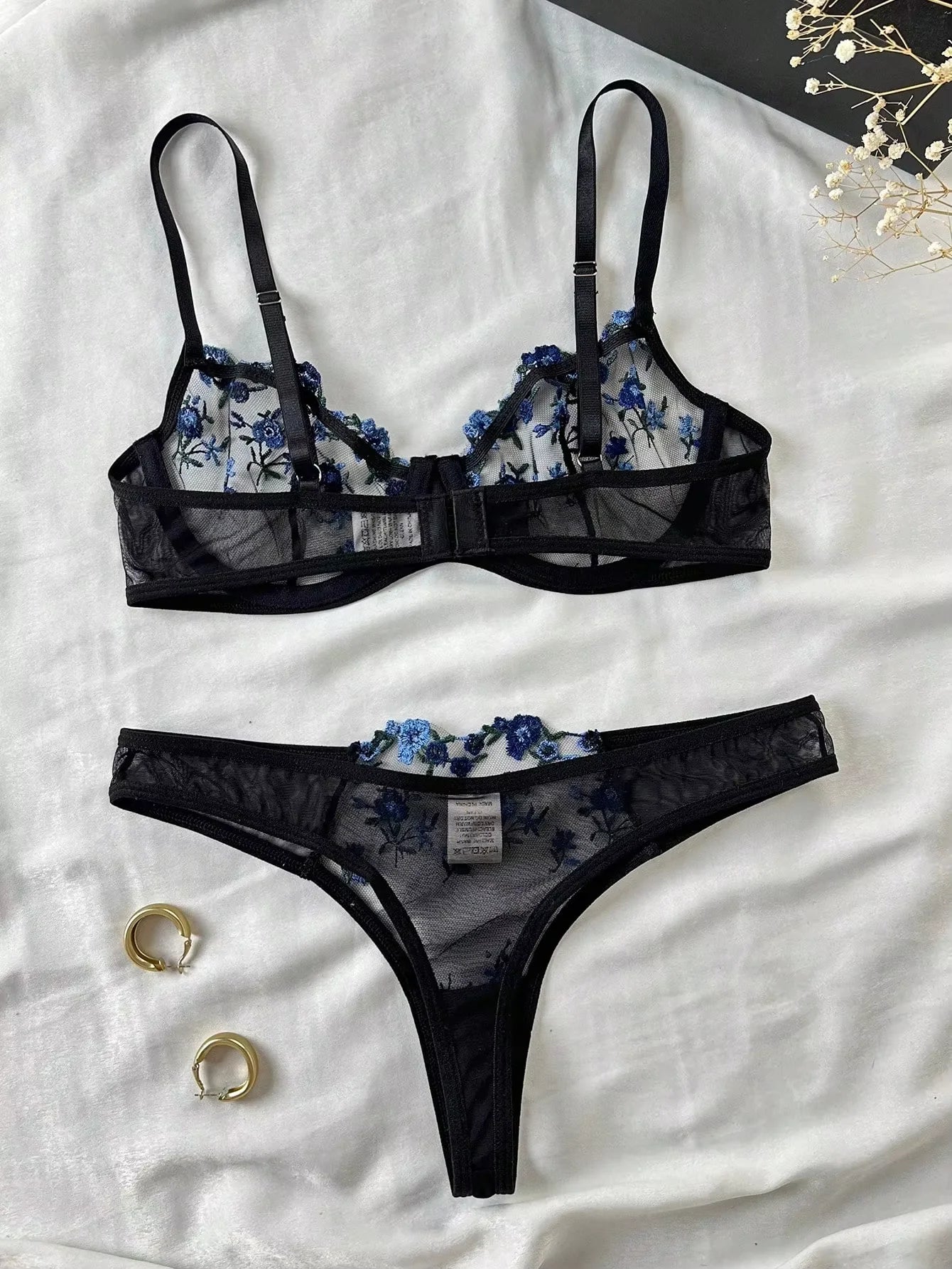Conjunto de sutiã e lingerie sensual com bordado erótico, fragmentos florais azuis, renda babydoll, roupa íntima feminina, conjunto de calcinha sexy 2024