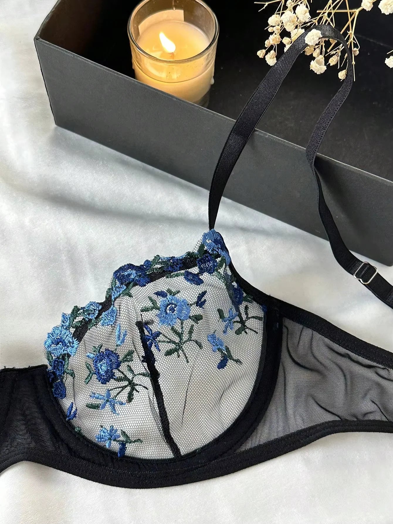 Conjunto de sutiã e lingerie sensual com bordado erótico, fragmentos florais azuis, renda babydoll, roupa íntima feminina, conjunto de calcinha sexy 2024
