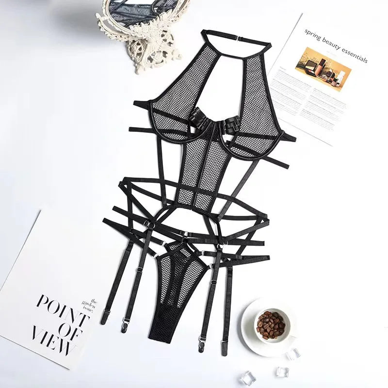 Conjunto de lingerie erótica de malha feminina, lingerie sexy + ligas + calcinha