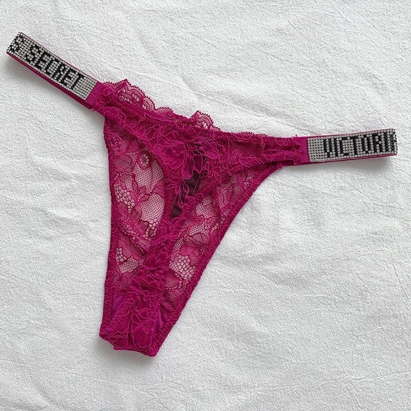 New Sexy Pink Brand Lingerie Female Intimate Underwear Rise Women Panties Bra Rhinestone Letter Comfort Brief