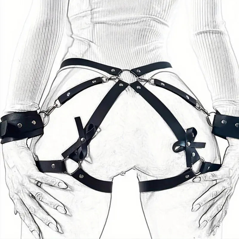 Conjunto adequado para lingerie bondage, tanga de couro, cinta-liga, roupa íntima, trajes sem virilha, algemas, anéis de perna, brinquedos sexuais BDSM