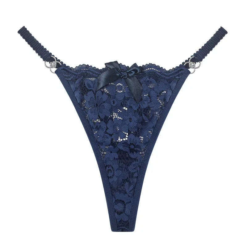Fashion Sexy Thongs Women Bow Spaghetti Lace Panties Female Plus Size Metal Buckle Erotic Panties Comfortable G-String Wife Gift