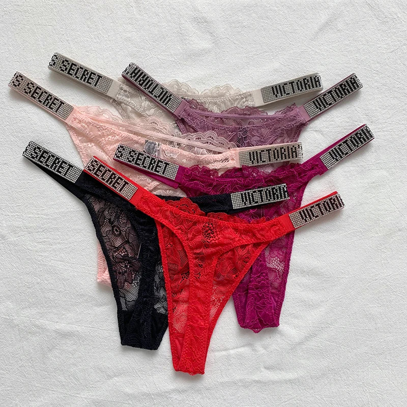 New Sexy Pink Brand Lingerie Female Intimate Underwear Rise Women Panties Bra Rhinestone Letter Comfort Brief
