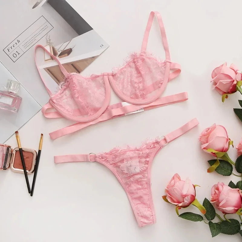 Lingerie Sexy Feminina Renda Transparente Conjunto de Calcinhas Bordadas
