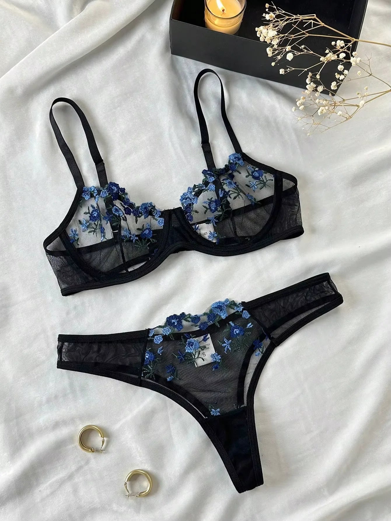 Conjunto de sutiã e lingerie sensual com bordado erótico, fragmentos florais azuis, renda babydoll, roupa íntima feminina, conjunto de calcinha sexy 2024