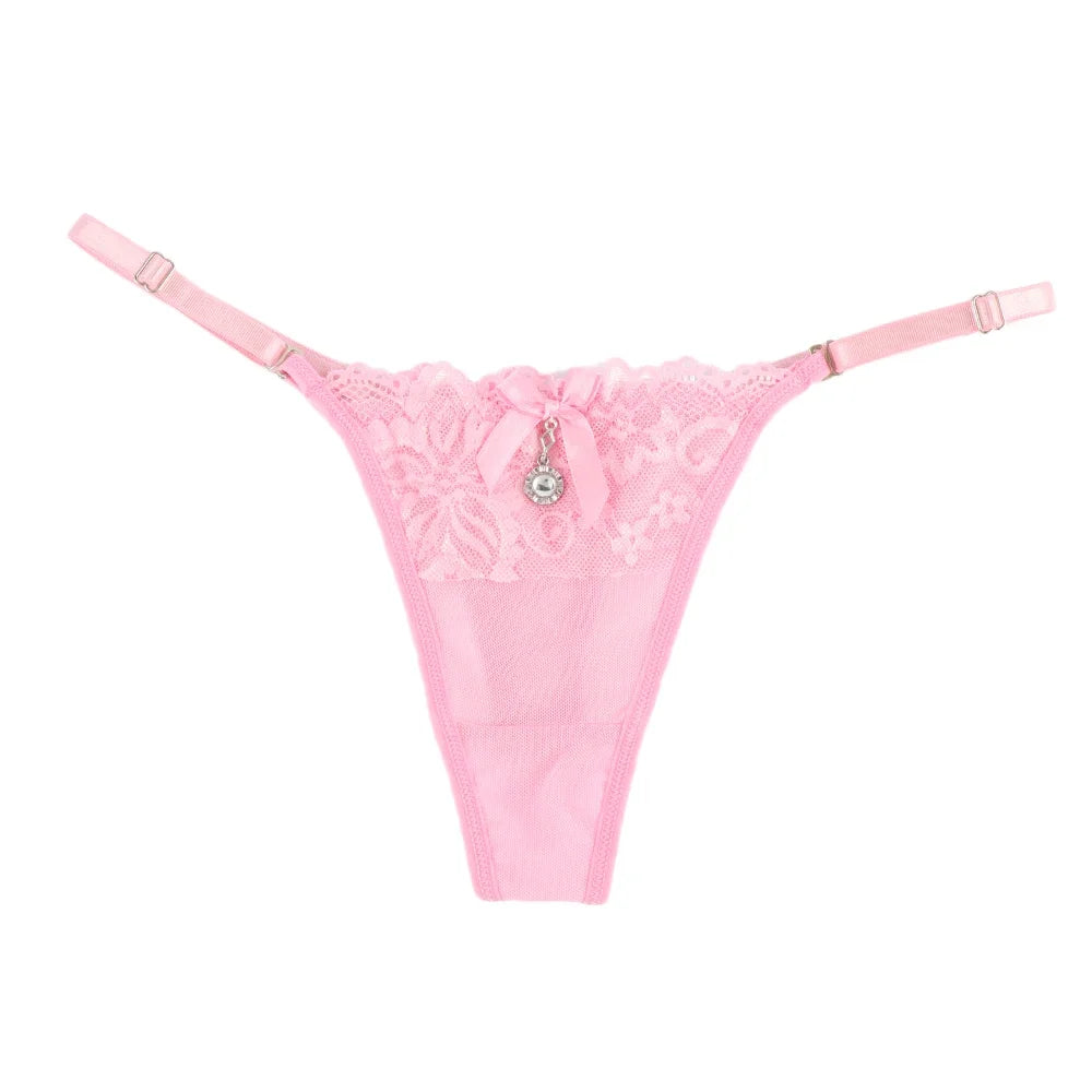 Women Lace Panties Thongs Pearl Pendant Lace Embroidery G-String T-Back Briefs Underwear Adjustable Ladies Panties Sexy Lingerie