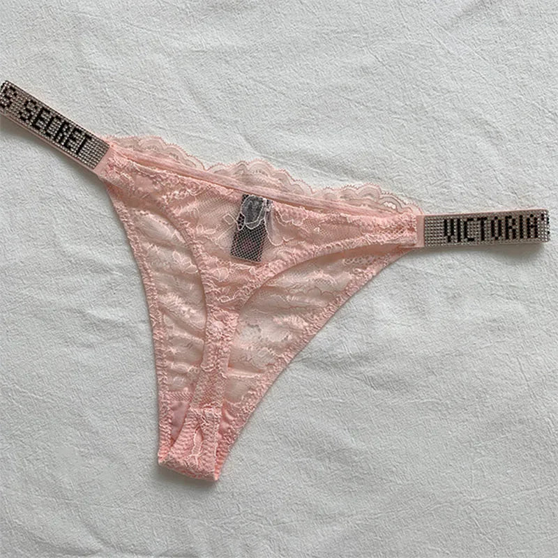 New Sexy Pink Brand Lingerie Female Intimate Underwear Rise Women Panties Bra Rhinestone Letter Comfort Brief