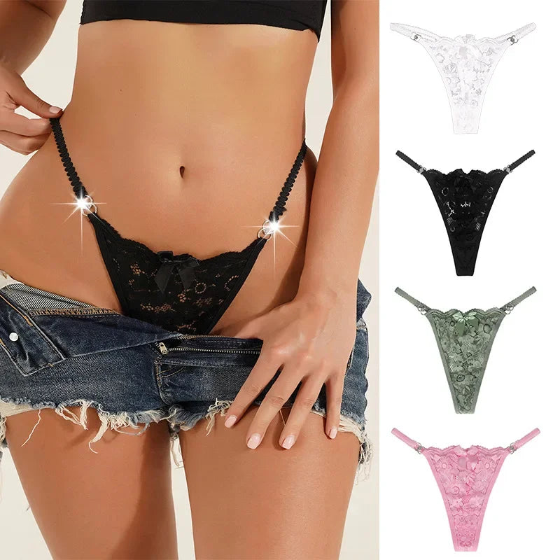 Fashion Sexy Thongs Women Bow Spaghetti Lace Panties Female Plus Size Metal Buckle Erotic Panties Comfortable G-String Wife Gift