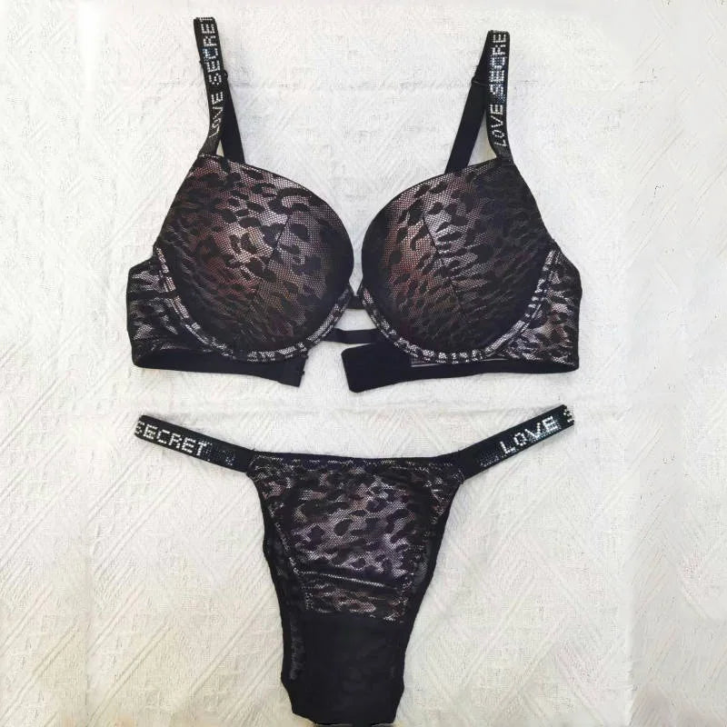 Conjunto de sutiã sexy com letras de leopardo e strass, sutiã feminino, roupa íntima para meninas