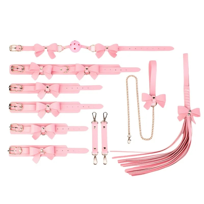 Algemas de bondage com laço charmoso e sexy, acessórios com colarinho ajustável, mordaça de boca para casais, brinquedos sexuais de amarração para escravos BDSM