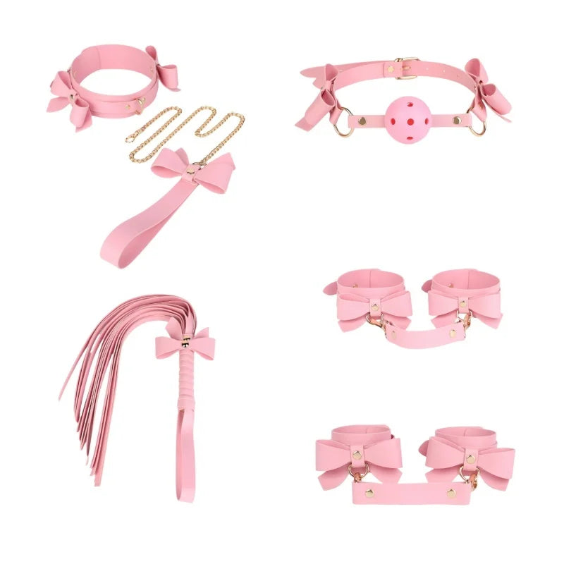 Algemas de bondage com laço charmoso e sexy, acessórios com colarinho ajustável, mordaça de boca para casais, brinquedos sexuais de amarração para escravos BDSM