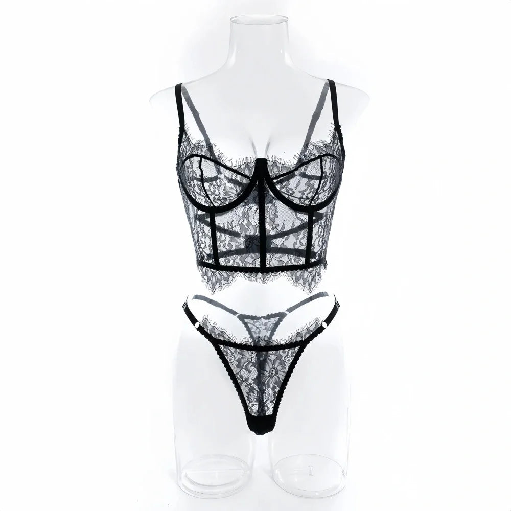 Conjunto de lingerie sexy Krasapt bustier floral renda sutiã calcinha roupa íntima feminina transparente