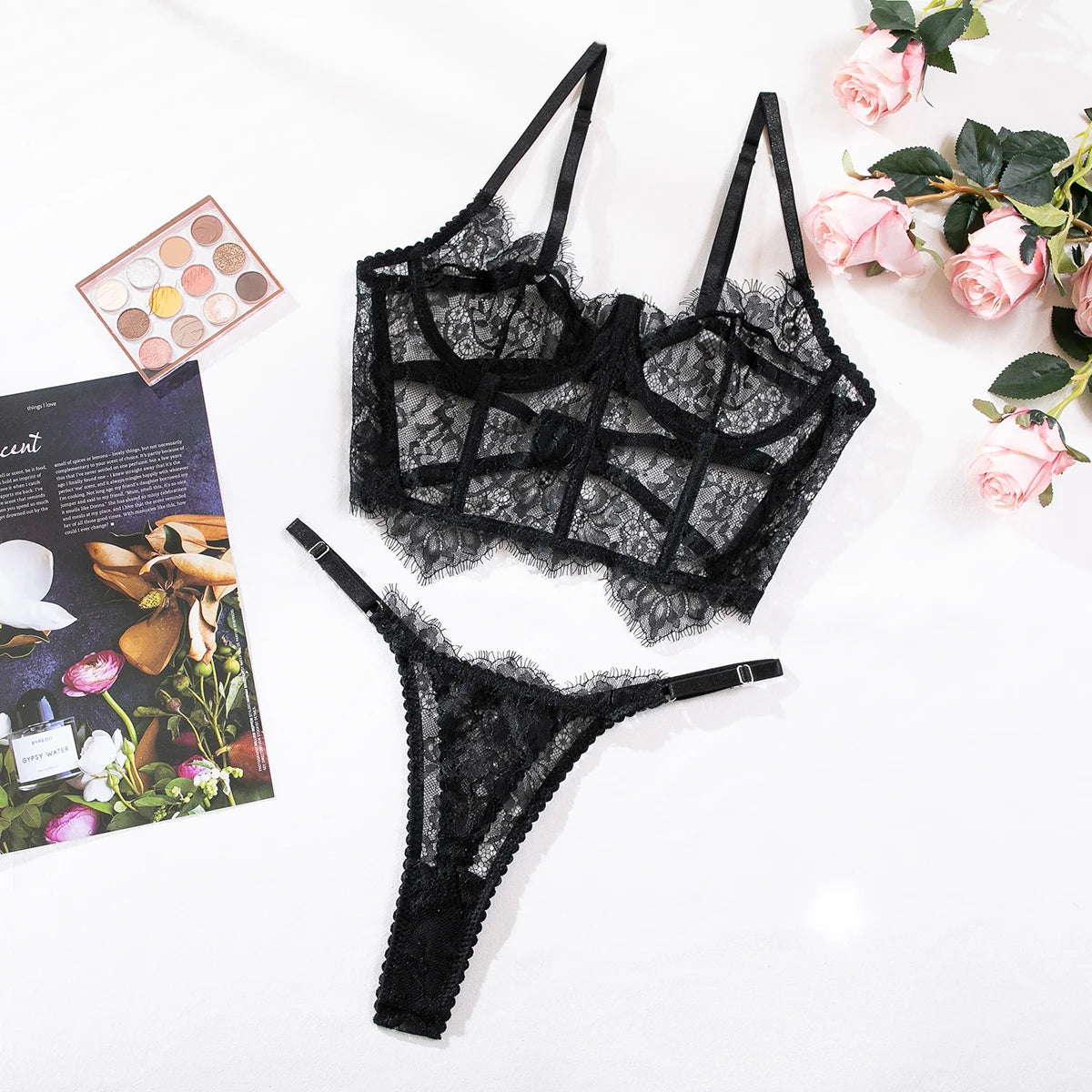 Conjunto de lingerie sexy Krasapt bustier floral renda sutiã calcinha roupa íntima feminina transparente