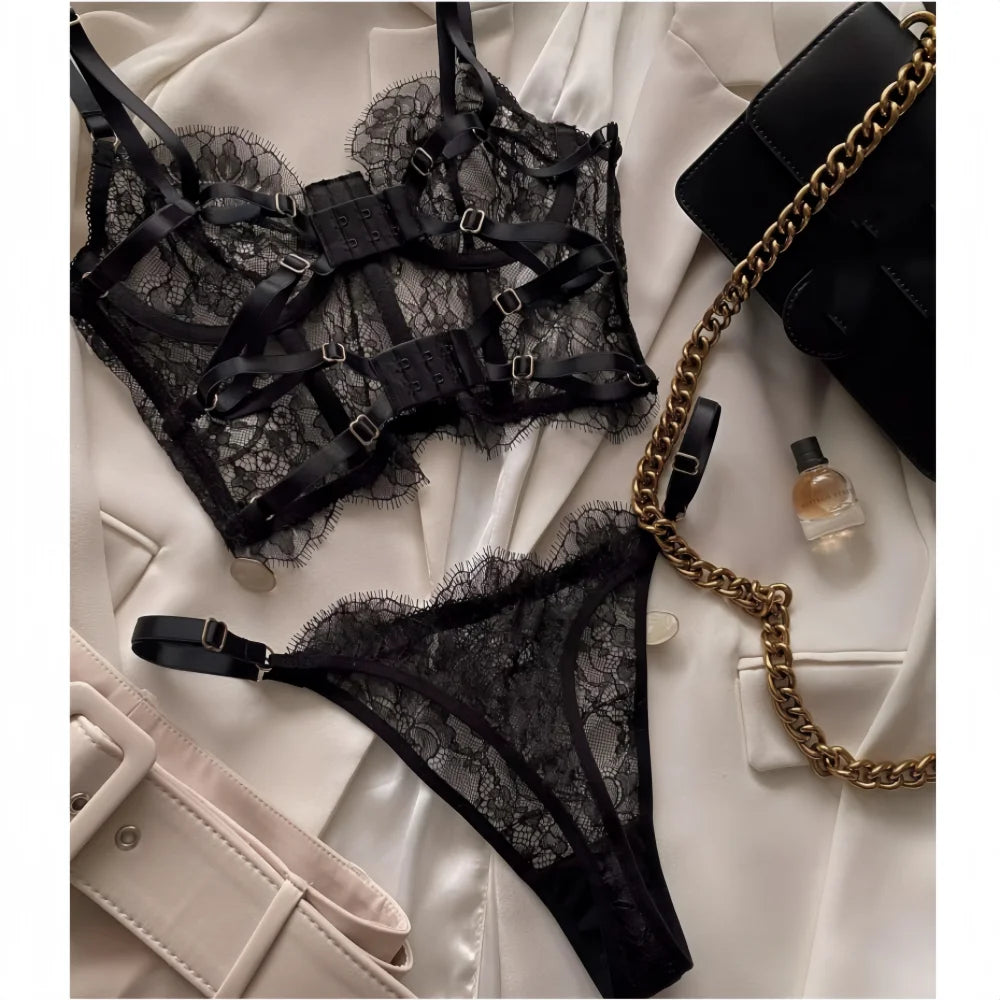 Conjunto de lingerie sexy Krasapt bustier floral renda sutiã calcinha roupa íntima feminina transparente