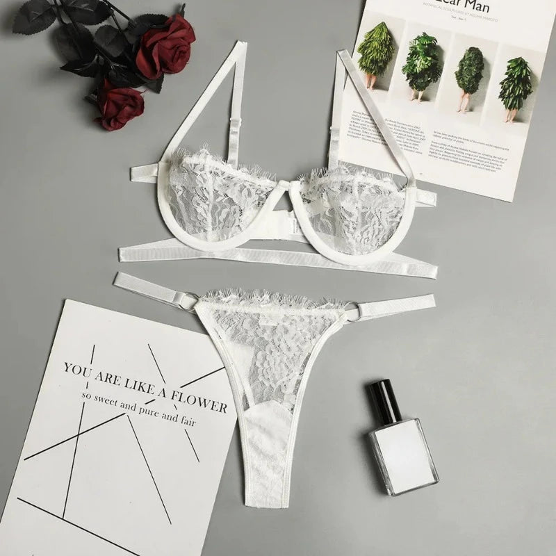 Lingerie Sexy Feminina Renda Transparente Conjunto de Calcinhas Bordadas
