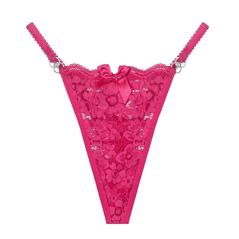 Fashion Sexy Thongs Women Bow Spaghetti Lace Panties Female Plus Size Metal Buckle Erotic Panties Comfortable G-String Wife Gift