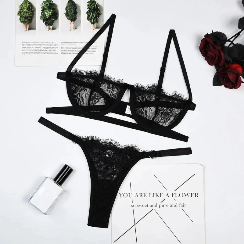Lingerie Sexy Feminina Renda Transparente Conjunto de Calcinhas Bordadas