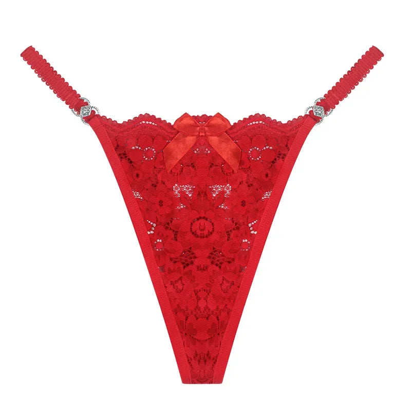 Fashion Sexy Thongs Women Bow Spaghetti Lace Panties Female Plus Size Metal Buckle Erotic Panties Comfortable G-String Wife Gift