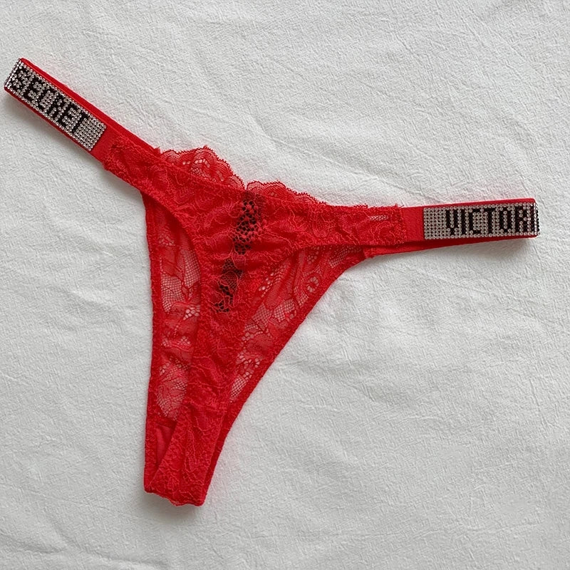 New Sexy Pink Brand Lingerie Female Intimate Underwear Rise Women Panties Bra Rhinestone Letter Comfort Brief