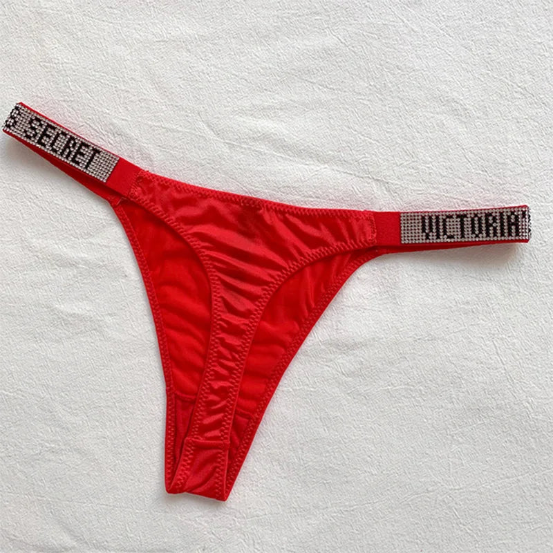 New Sexy Pink Brand Lingerie Female Intimate Underwear Rise Women Panties Bra Rhinestone Letter Comfort Brief
