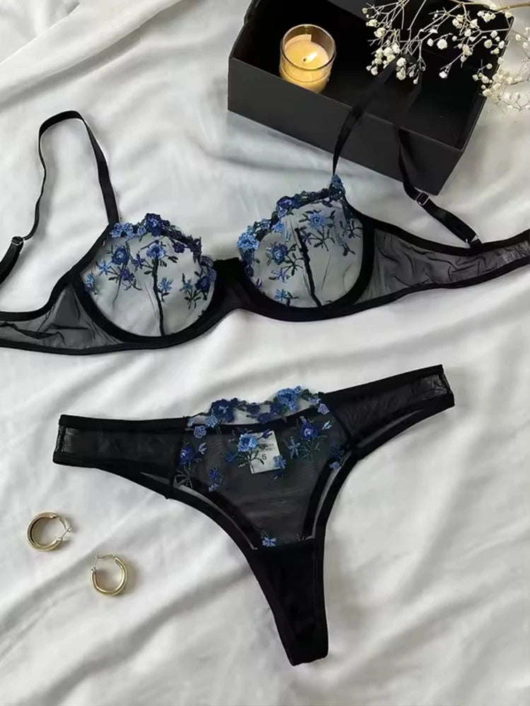 Conjunto de sutiã e lingerie sensual com bordado erótico, fragmentos florais azuis, renda babydoll, roupa íntima feminina, conjunto de calcinha sexy 2024