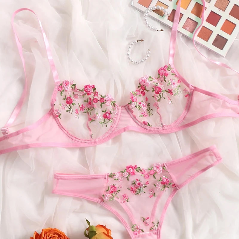 Conjunto de sutiã e lingerie sensual com bordado erótico, fragmentos florais azuis, renda babydoll, roupa íntima feminina, conjunto de calcinha sexy 2024