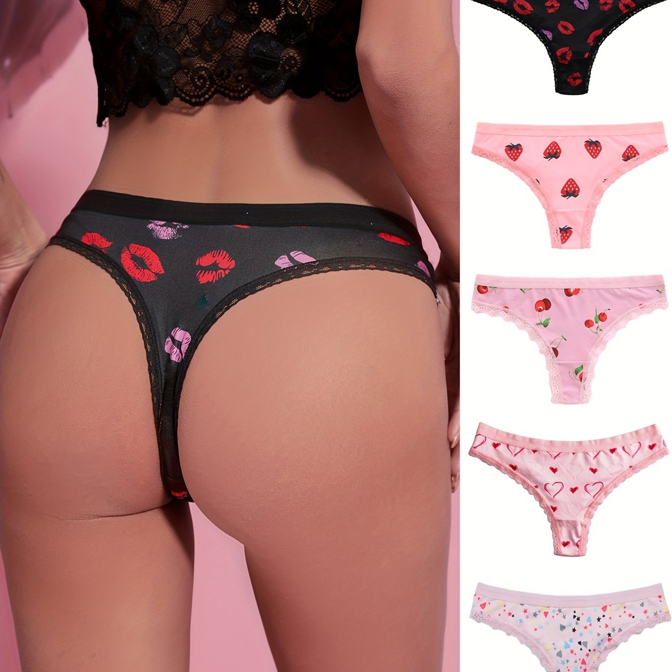 5 peças de calcinhas íntimas com estampas fofas, confortáveis e com acabamento em renda