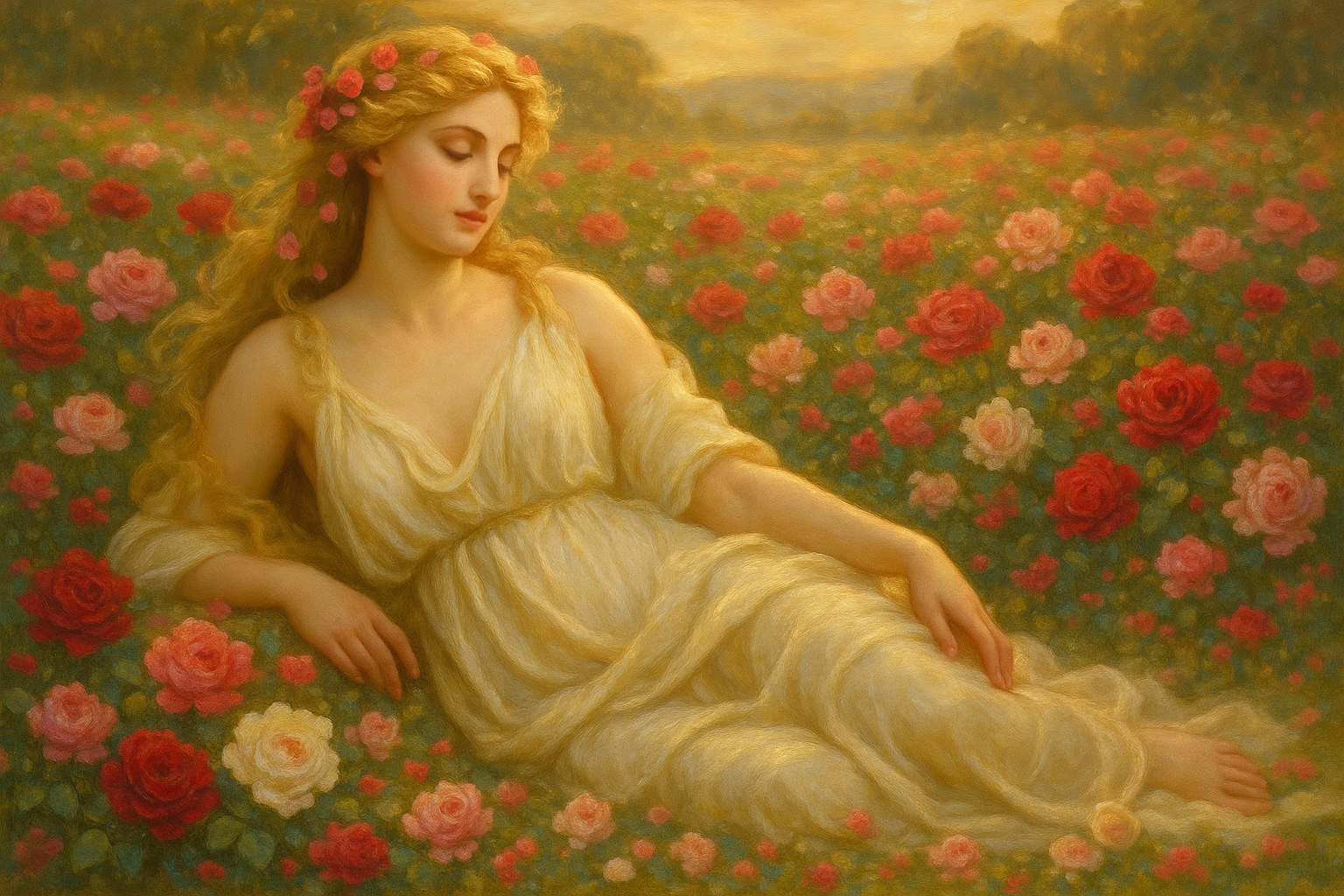 Uma Afrodite deitada num campo de rosas